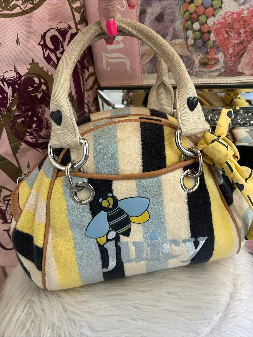 Rare Y2K Vintage Juicy Couture Colorful Striped Terry BEE Bowler Satchel Bag 🐝